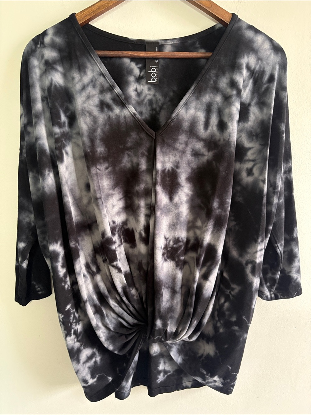 bobi Los Angeles Tie Dye Twist Front Top Small Black Gray Modal 3/4 Sleeve